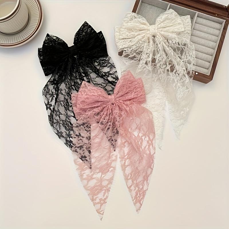 3Pcs Elegant Lace Bow Hairpin - Black, Pink - Elegant Bow Hairpin,