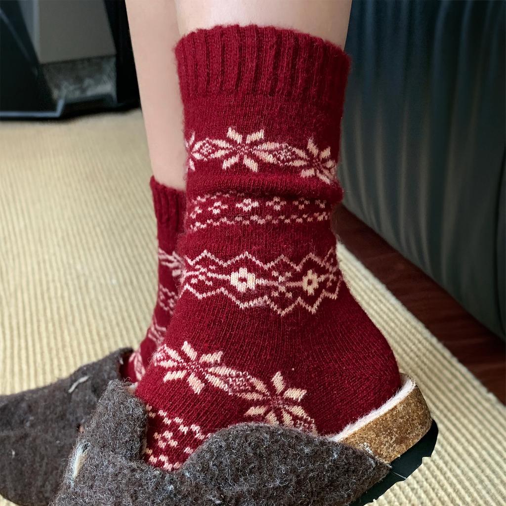 Retro-Atmosphäre Verdickt Und Wärmt Schneeflocken-Wollsocken Damen Stausocken Im Schaft Erster Schnee Koreanisches Drama