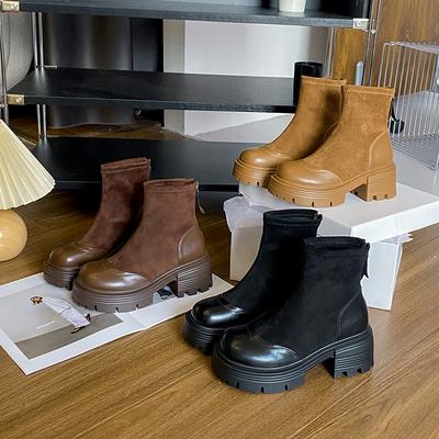 Skinny Boots Thick Heel Short Boots Women's New Autumn Suede Retro Versatile Height-increasing Martin Boots