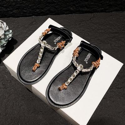 Sandales pour femmes Mode Strass Étincelants Sandales Plates avec Nœuds en Corde Tongs Polyvalentes Sandales pour Femmes