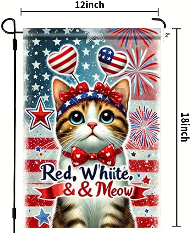 4th of July Patriotic Cat Garden Flags for Outside 12x18 Double Sided, Small Burlap Holiday Independence Day Memorial Day Ya