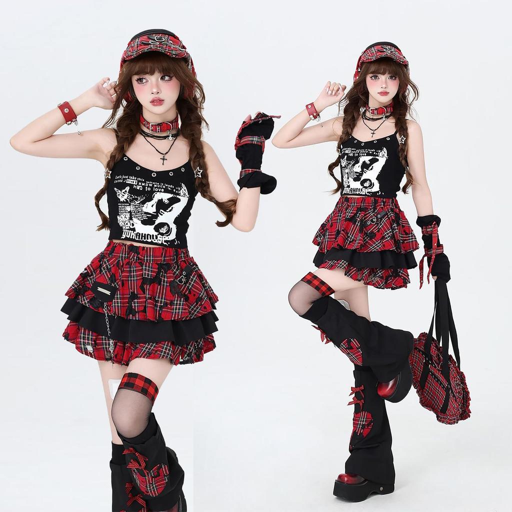 LAVASEON Checkered Mini Tiered Mori Chain Accessory Skirt, Punk, Ruffled, Length, Cute, Women's, Mass-Produced, Subculture, School-Style, Skirt, Red,