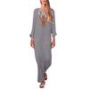 Women’s Printed Long Sleeve V-neck Maxi Dress Split Hem Baggy Kaftan Long Dress