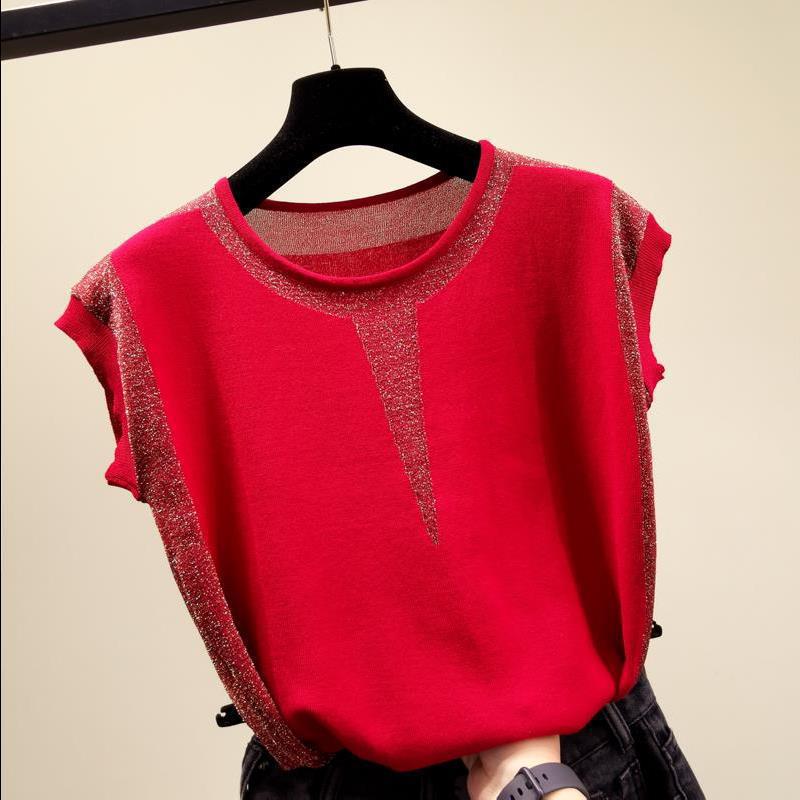 Summer Women Knitted T Shirt Patchwork Short Sleeve Contrast Color Fashion Womens Clothing Shirt