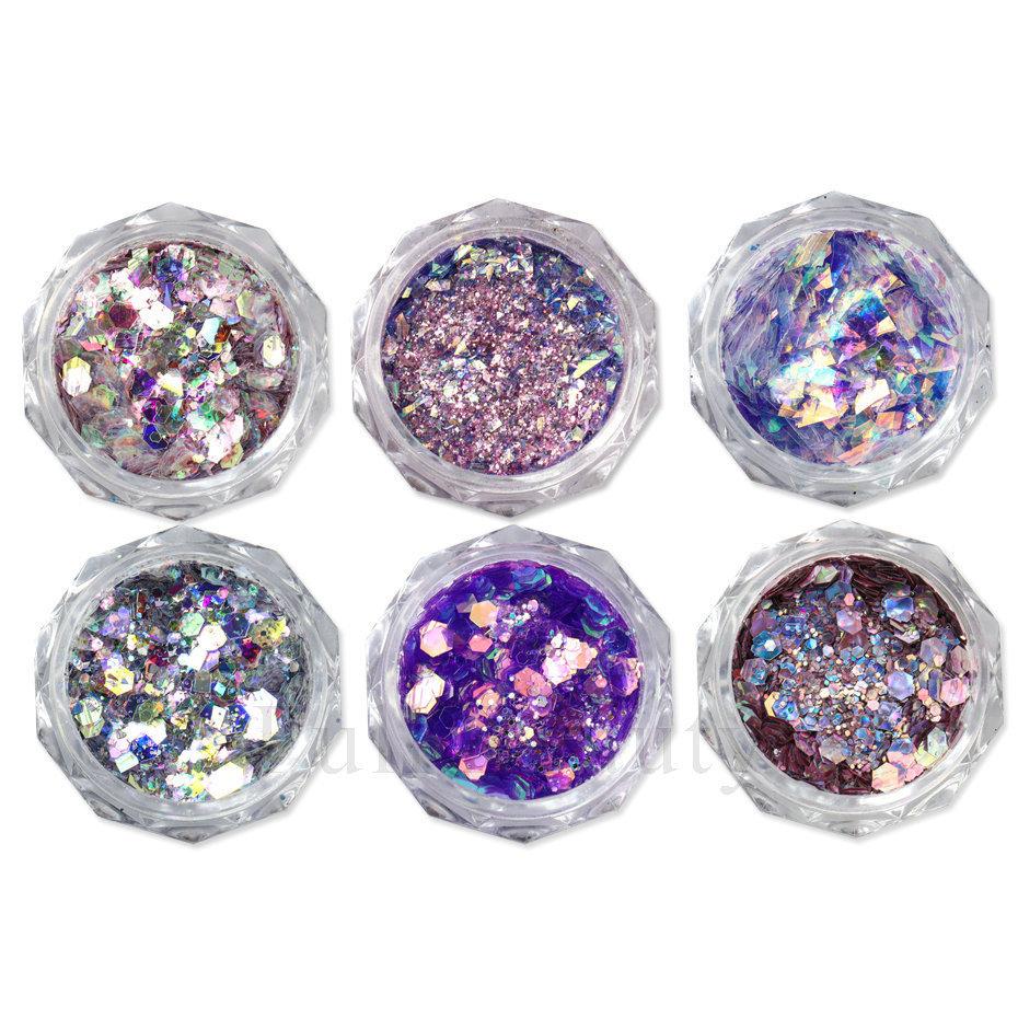 Nail Glitter, Lavender Purple Aurora Opal Sequin Glitter 6-Color Set Nail Glitter