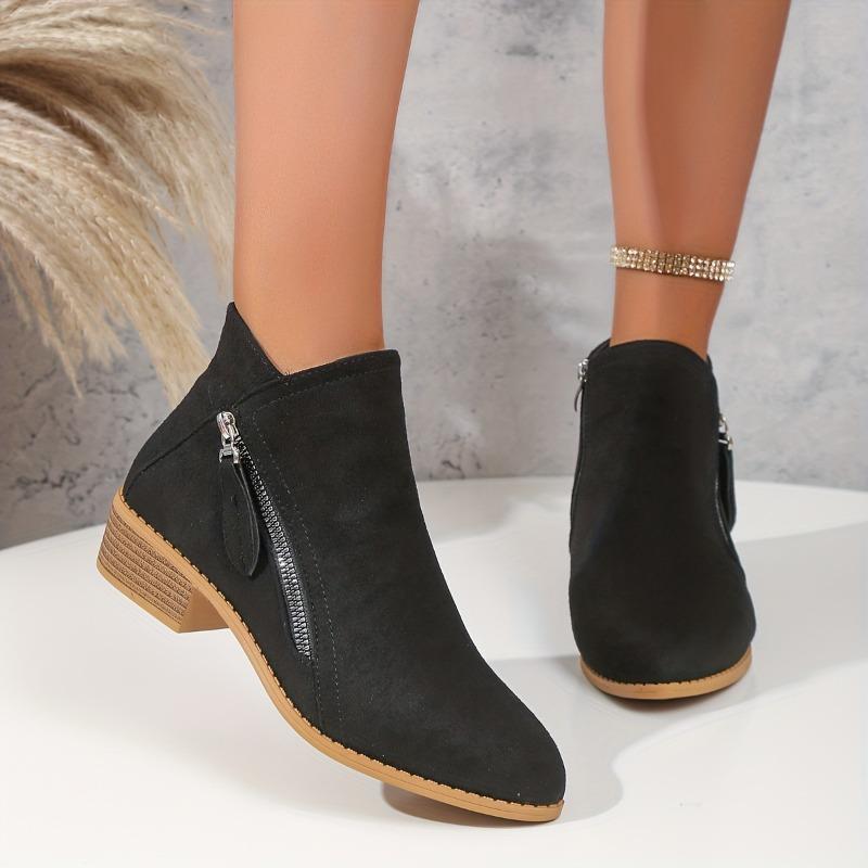 Women'S Solid Color Chunky Heel Short Boots, Casual Side Zipper Point Toe Boots, Comfortable Ankle Booties