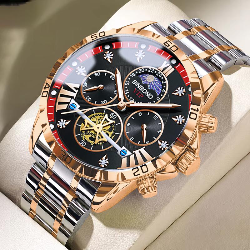 BINBOND Trend Fashion Men Watches Fine Steel Original Brand Quartz Wristwatch for Man Flywheel Chronograph Moon Phase Waterproof
