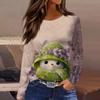 Women's Fashion Casual Slit Hem Round Neck Long Sleeve Loose Printed T-Shirt Ladies Top Christmas