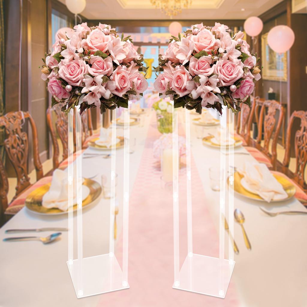 2pcs 100cm Acrylic Flower Stand, Clear Geometric Table Centerpiece Vase Column for Wedding Party Decor, Invisible Display Holder