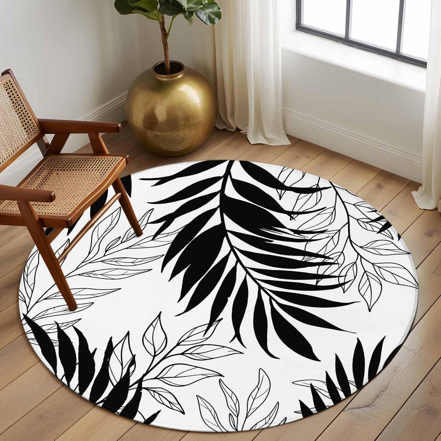 

Nordic Leaf Print Round Rug Tropical Palm Leaf Modern Home Decor Non-Slip Carpet Minimalist Geometric Line Living Room Decor Mat 40x40cm