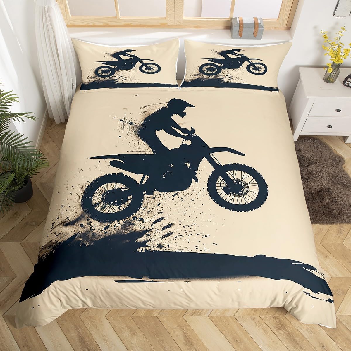 

Kids Dirt Bike Duvet Cover Twin Queen Extreme Sports Bedding Set Motocross Rider Comforter Cover Set Motorcycle Bedspread Cover EU Single(135x200cm)