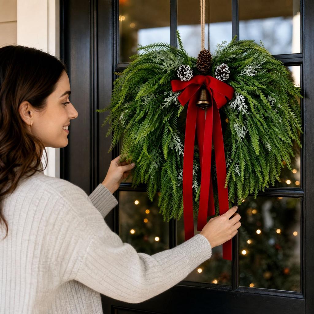Christmas Wreath with Branches, Red Berries and for Holiday Home Decor