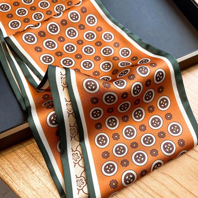 Luxury Design Silk Skinny Scarf Women Retro Hair Bands Neckerchief Soft Satin Lady Headband Bag Ribbon Tie Foulard Female Office