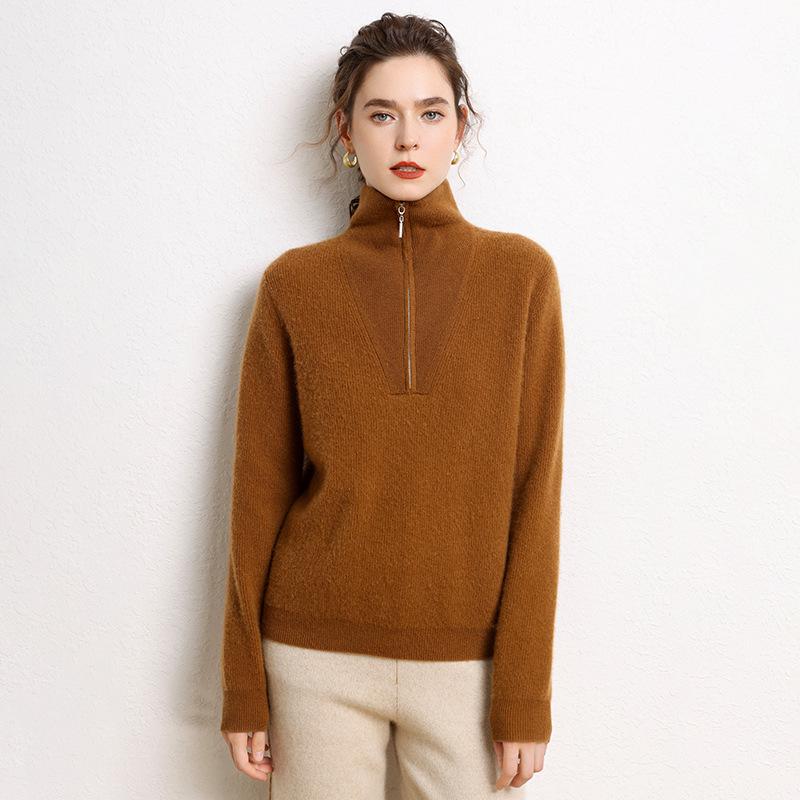 Women's Cashmere Bobble Stitch Half-High Collar Zipper Cardigan