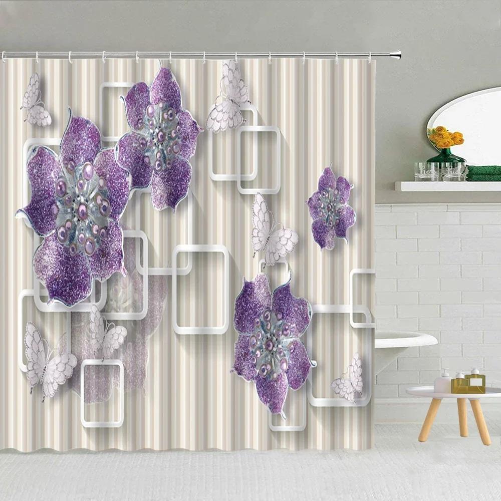 3D Embossed Flower Geometry Shower Curtain Vine Leaves Butterfly European Luxury Waterproof Bathroom Art Decor Hooks Curtains