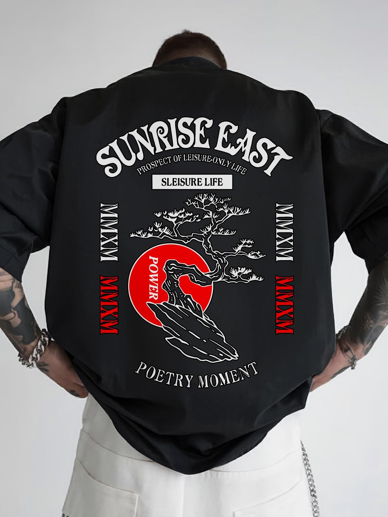 Black T-shirt with Japanese-Inspired Print - SUNRISE EAST & POWER Design XXXL