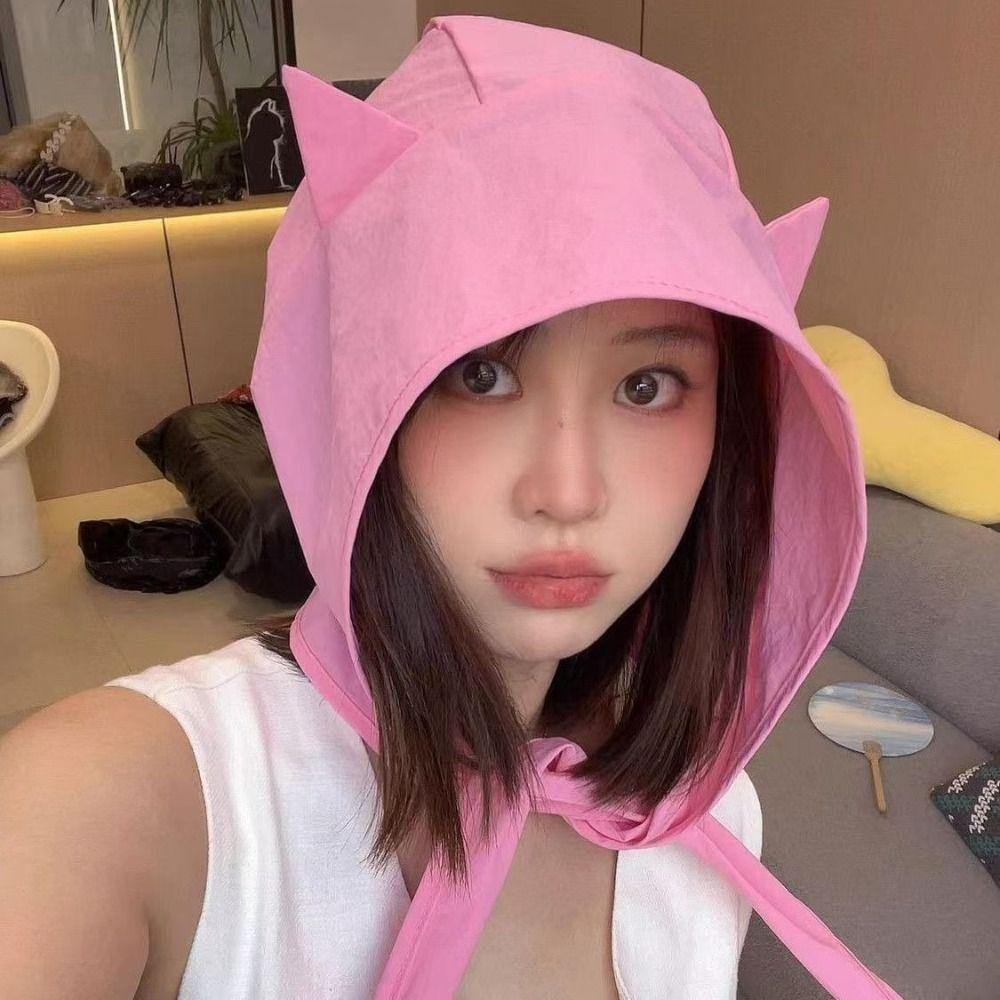 Lace-up Little Devil Hat Solid Color Headscarf Hat Funny Lace-up Pullover Hat  For Girls