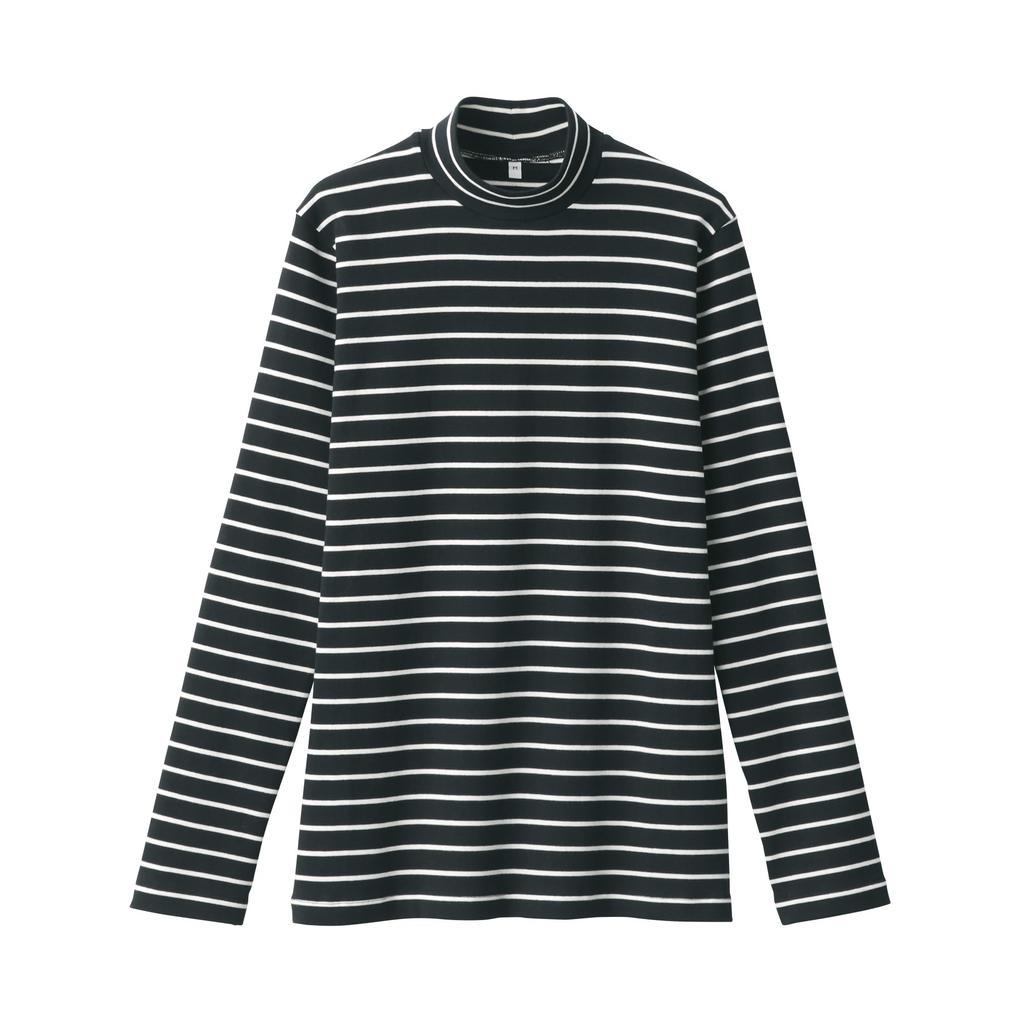 MUJI Brushed Milled Knit Black Size BB2QDA4A Women's High-Neck Long-Sleeve T-Shirt, Striped, L,