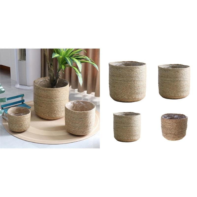 Planter Basket Hand Woven Plant Flower Pots Cover with Plastic Liner Plant Pot Storage Basket Farmhouse Plant Pot
