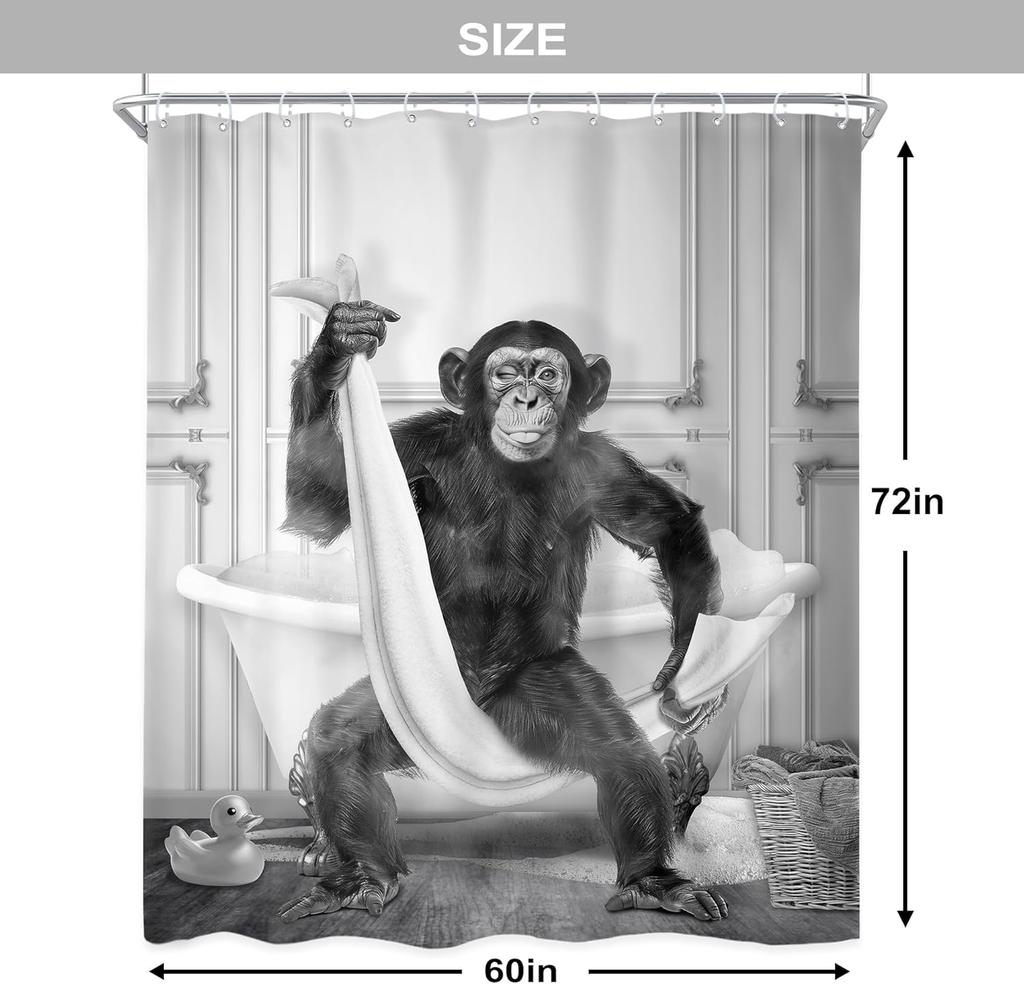 Zabawna zasłona prysznicowa z małpą 60 szer. x 72 dł. cala Szympans Czarno-biały Zwierzę Dzikie zwierzęta Chłopcy Mężczyźni Uroczy Nowoczesny zestaw łazienkowy Zabawny Co