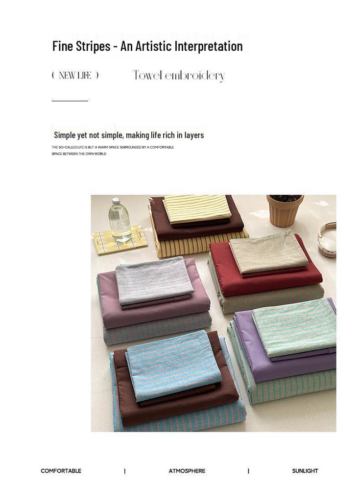 Literary Wabi-sabi Cotton Striped Bedding Set - Three-Piece Dormitory Duvet Cover with Fitted Sheet