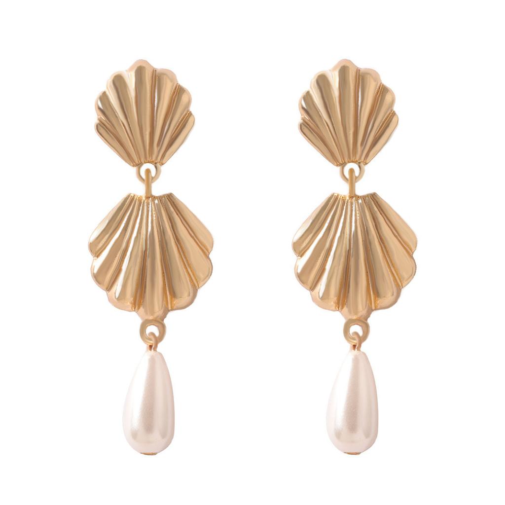 New Ocean Fashion Resort Style Alloy Scallop Imitation Pearl Water Drop Pendant Earrings, Simple and Versatile