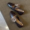 Sheepskin~ Retro one-word belt removable flower shallow mouth single shoes women's soft-soled leather shoes shallow mouth ballet shoes