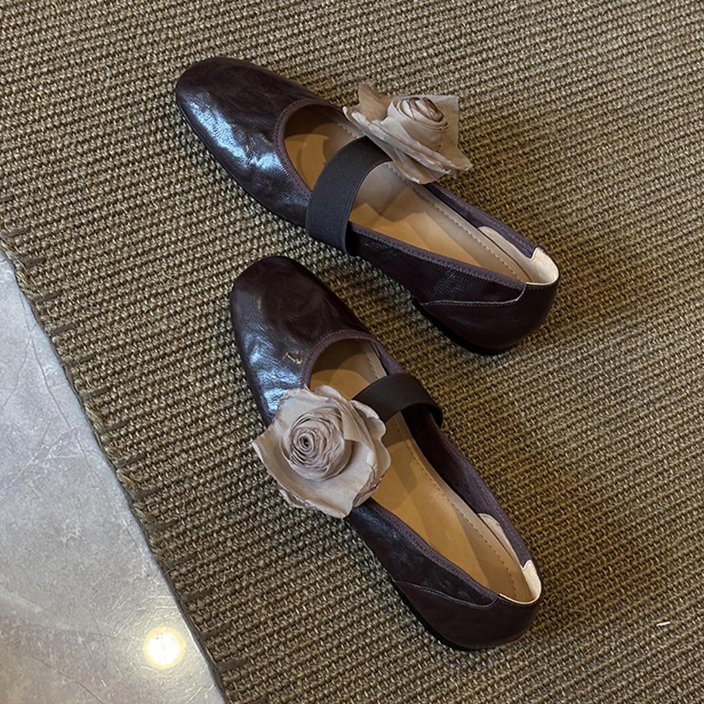 Sheepskin~ Retro one-word belt removable flower shallow mouth single shoes women's soft-soled leather shoes shallow mouth ballet shoes