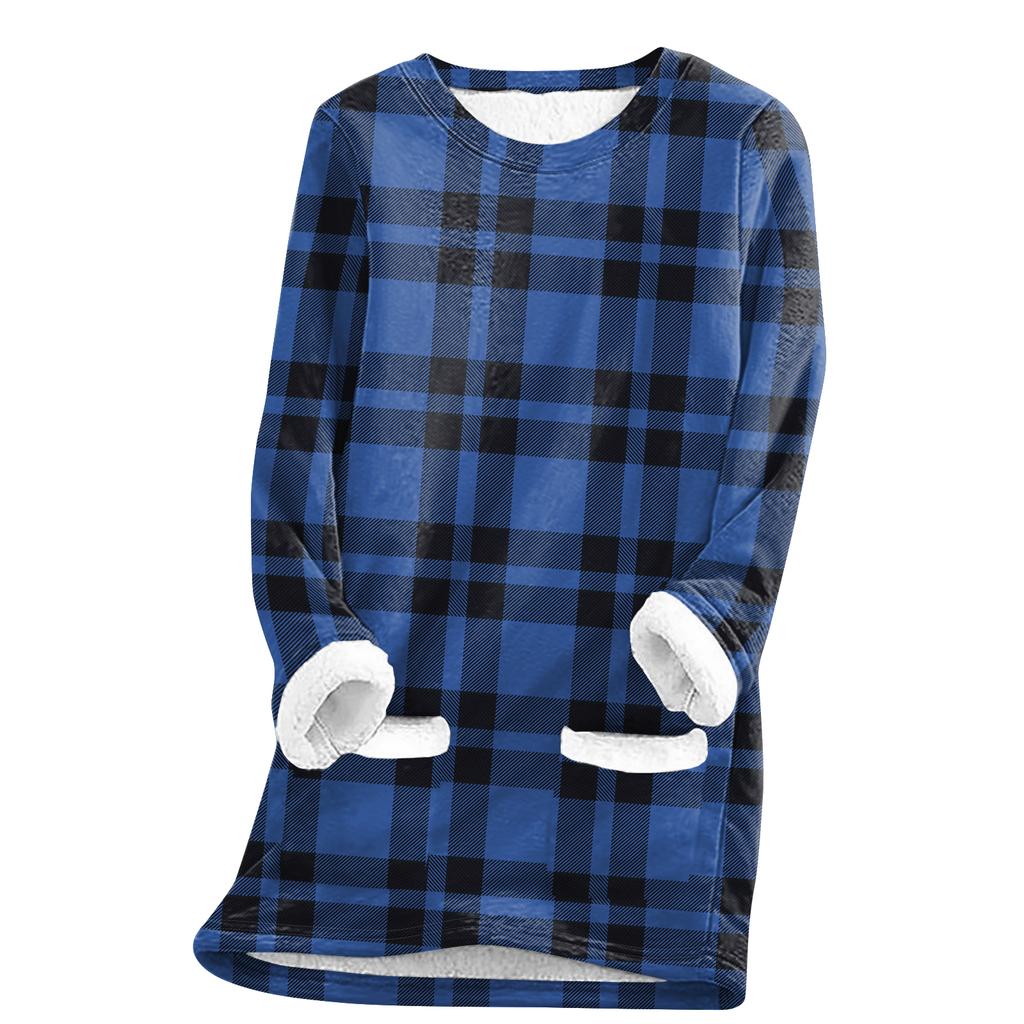 Women's Fashion Plaid Print Round Neck Long Sleeve Plush Winter Warm Pullover Top