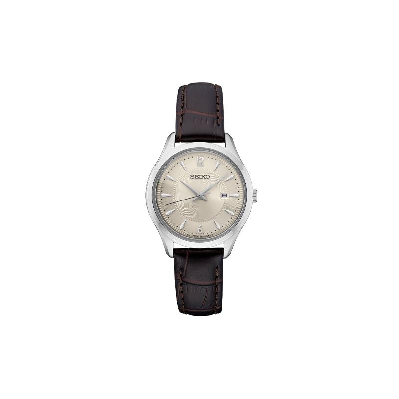 SEIKO 100 meters waterproof Quartz leather strap women s watch silver dial SUR427P1 синий