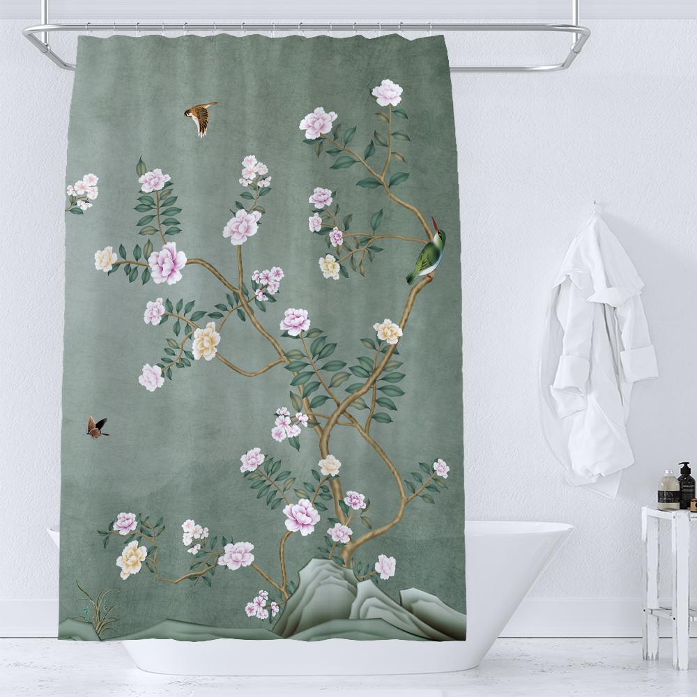 Chinese Style Flowers Birds Bath Curtains Waterproof Bathroom Curtain 3D Printed Fabric With Hooks Decoration Shower Curtain