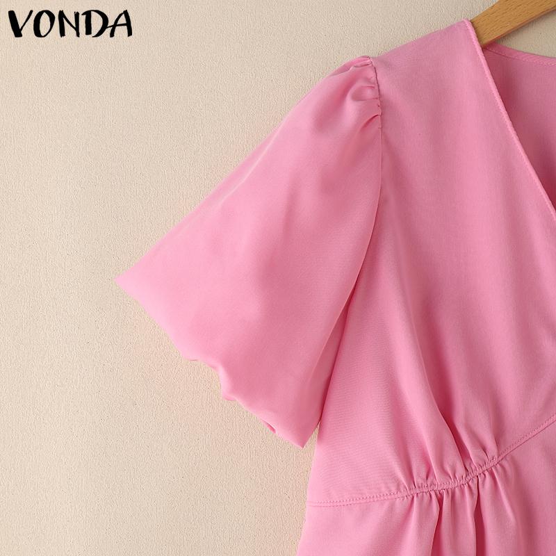 VONDA Women V Neck Short Sleeve Slim Waist Ruffled Casual Blouse
