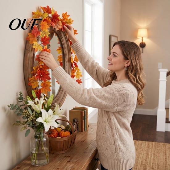 Simulated Foliage for Porch 2Pcs Artificial Fall Leaves Garland, Autumn Maple Leaf Vines Thanksgiving Garland Mantle Decor, Faux Indoor Outdoor