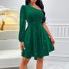 Women's Fall Long Sleeve Slanted Shoulder Color Waist Cinching Sexy Dress