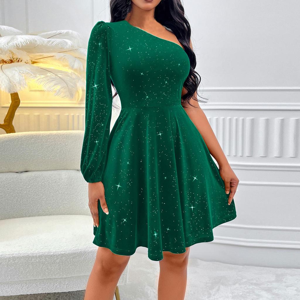 Women's Fall Long Sleeve Slanted Shoulder Color Waist Cinching Sexy Dress