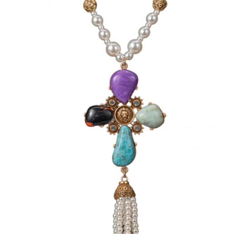 Vintage Four Leaf Clover Pearl Tassel Pendant Western Antique Necklace Versatile Natural Stone