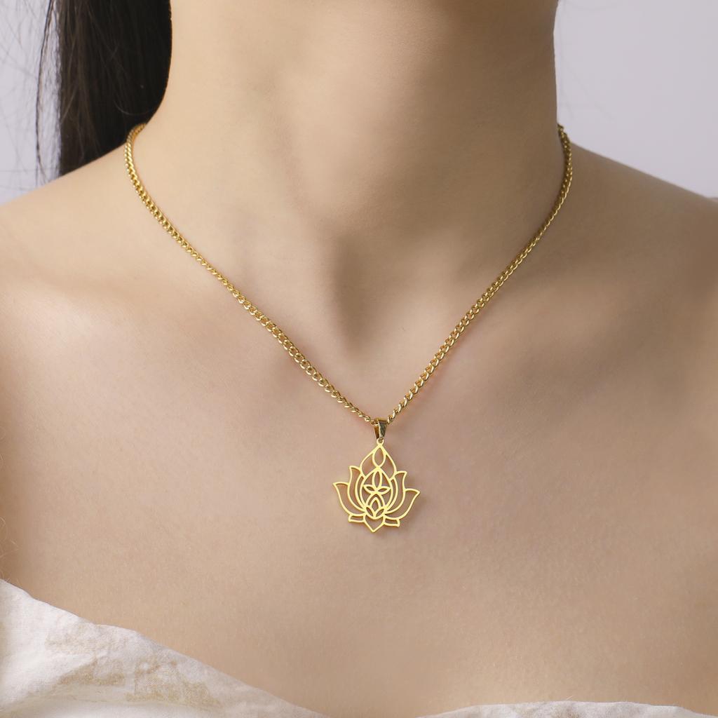 Lemegeton Lotus Necklace for Women Yoga Flower Spiritual Stainless Steel Jewelry Vintage Pendant Necklaces Accessories Gift