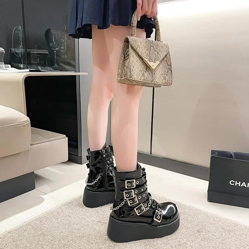 Mode Mode Übergröße 40 Schwarz Gothic Motorradstiefel Reißverschluss Hoher Absatz Punk Nieten Klobige Plateauhöhe Wadenlang Damenstiefel Schuhe Damen