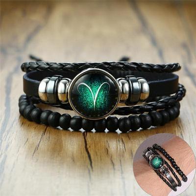 1PCS Widder 12 Horoskop Multi-schicht Leder Seil Armbänder für Männer Frauen Geschenke Vintage pulseira Schmuck