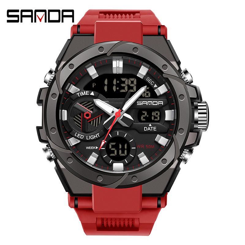 Sanda Men s Multifunctional Luminous Sports Watch with Waterproof Strap, Calendar, Dual Display, and Quartz Movement.