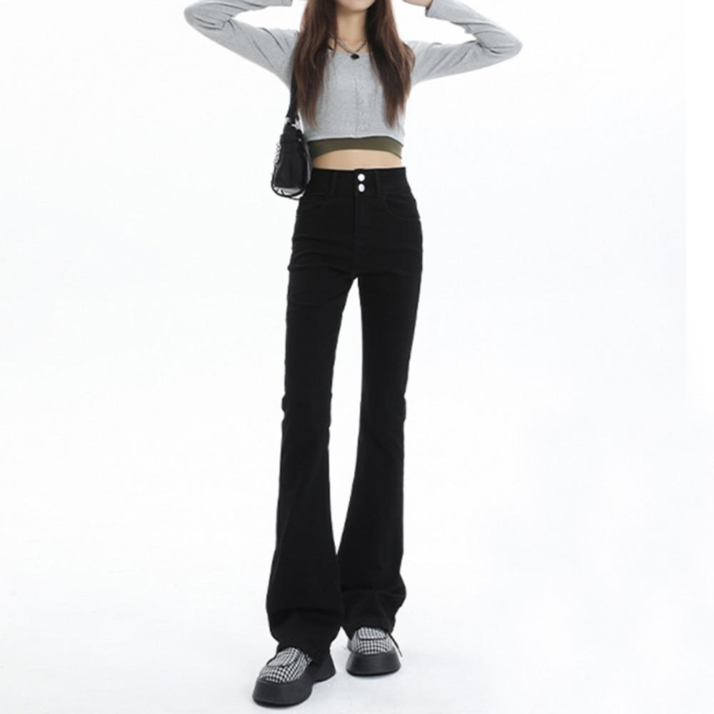 Korean version of double-buckle micro-flared jeans, new high-waisted and thin pear-shaped jeans in spring and autumn