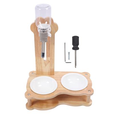 Wood Raised Cat Food Bowls Multifunctional 2 In 1 Automatic Cat Water Feeder and Food Bowl Set with