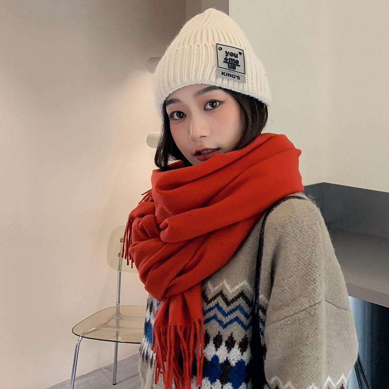 Solid Color Wool Scarf for Women Autumn and Winter Tassel Air Conditioned Room Shawl Green Red Winter Men's Cashmere Scarf
