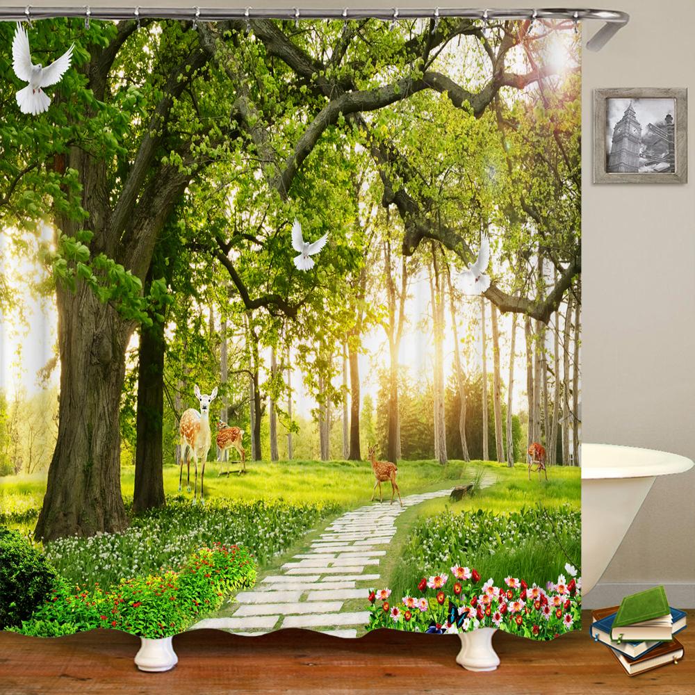 Natuur Bos Douchegordijn Waterdicht Badkamer Scherm Bomen Landschap Gordijnen Polyester Stof Huisdecoratie Badkamer Gordijnen