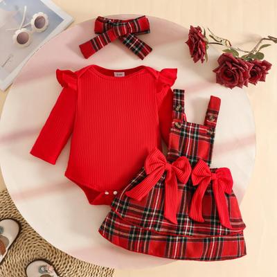 Autumn Baby Girls' Long Sleeve Ribbed Top & Plaid Overalls Skirt Set