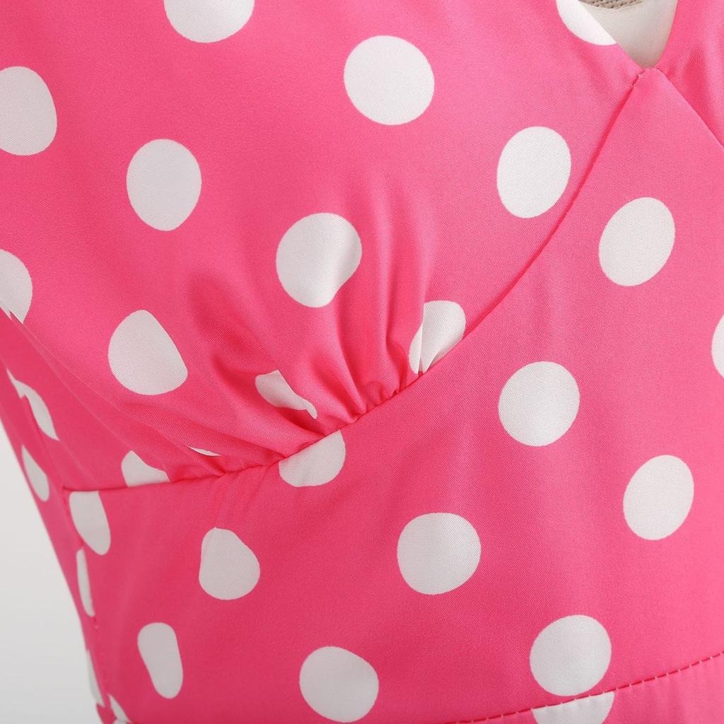 GMXIA Barbie Pink Women's Retro Neckline Polka Dot Print Swing Dress White Leather Belt