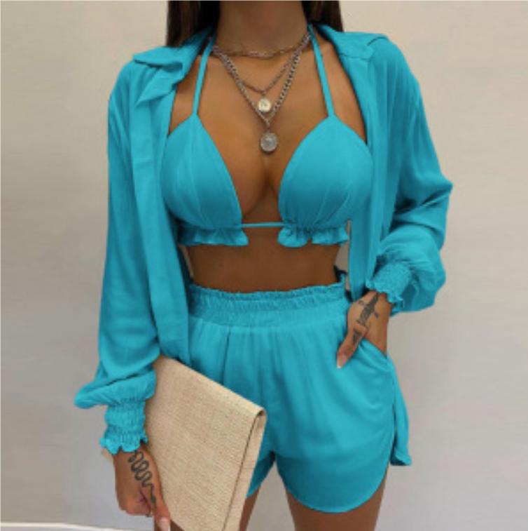 Bathing Suit Shorts Cover Up Summer Three Pieces Swimwear Sexy Beachwear High Waist Bikini Set Print Women's Swimsuit