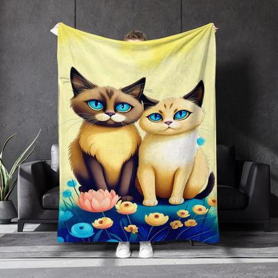 Floral Blue-eyed Tabby Cat Pattern Flannel Printed Blanket Suitable for All Seasons Suitable for Living Room Office Sofa Travel