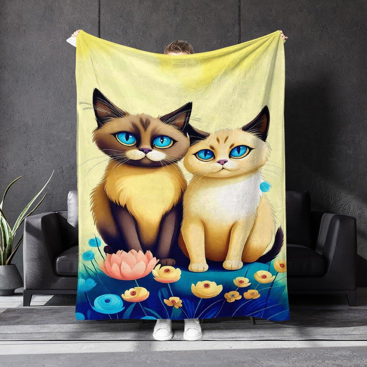

Floral blueeyed tabby cat pattern Flannel printed blanket suitable for all seasons suitable for living room office sofa travel 75x100cm (30x40inch)
