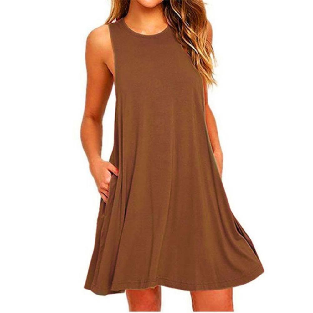 With  Solid Color Sleeveless Loose Dress Women O Neck Mini Causal Dress Office Club Party Vestidos